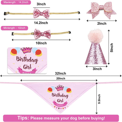Dog Birthday Party Supplies - Bandana Hat Banner Set with Boy & Girl Cute Bow Tie Scarf - Dog Birthday Decorations (Pink, Girl)
