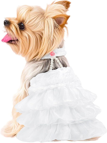 Dog Wedding Dress Bride Outfit with Pearl Necklace and Rose Pet Princess Dress Apparel for Puppy Dog Cat (Small)