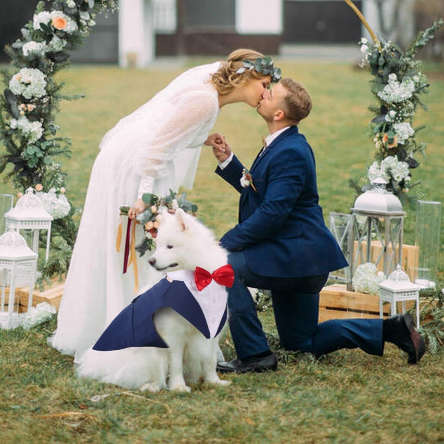 Dog Tuxedo for Small Medium Large Doggie, Detachable Dog Formal Wedding Suit with Tuxedo Vest & Bow Ties Collar & Bandana Scarf Set, Wedding Attire Shirt for Birthday Party Costume