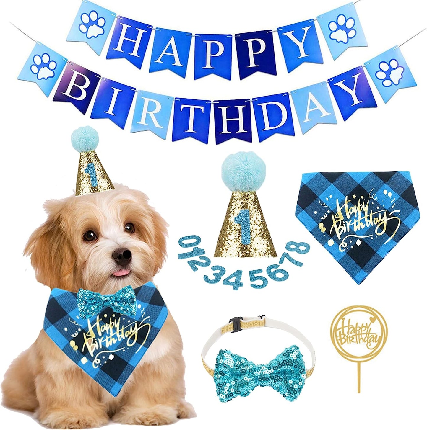 Dog Birthday Boy Bandana, Puppy 1St Birthday Party Supplies, Pet Party Hat Scarf Bowtie Banner Set for Small Medium Dogs (Small&Medium)