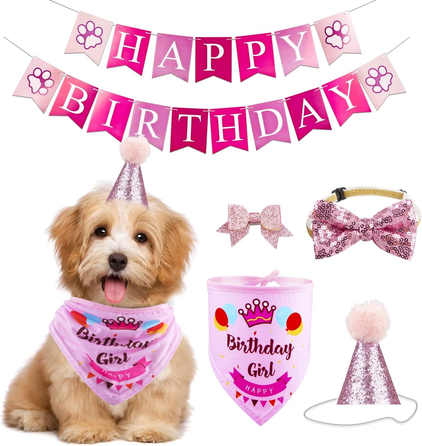 Dog Birthday Party Supplies - Bandana Hat Banner Set with Boy & Girl Cute Bow Tie Scarf - Dog Birthday Decorations (Pink, Girl)
