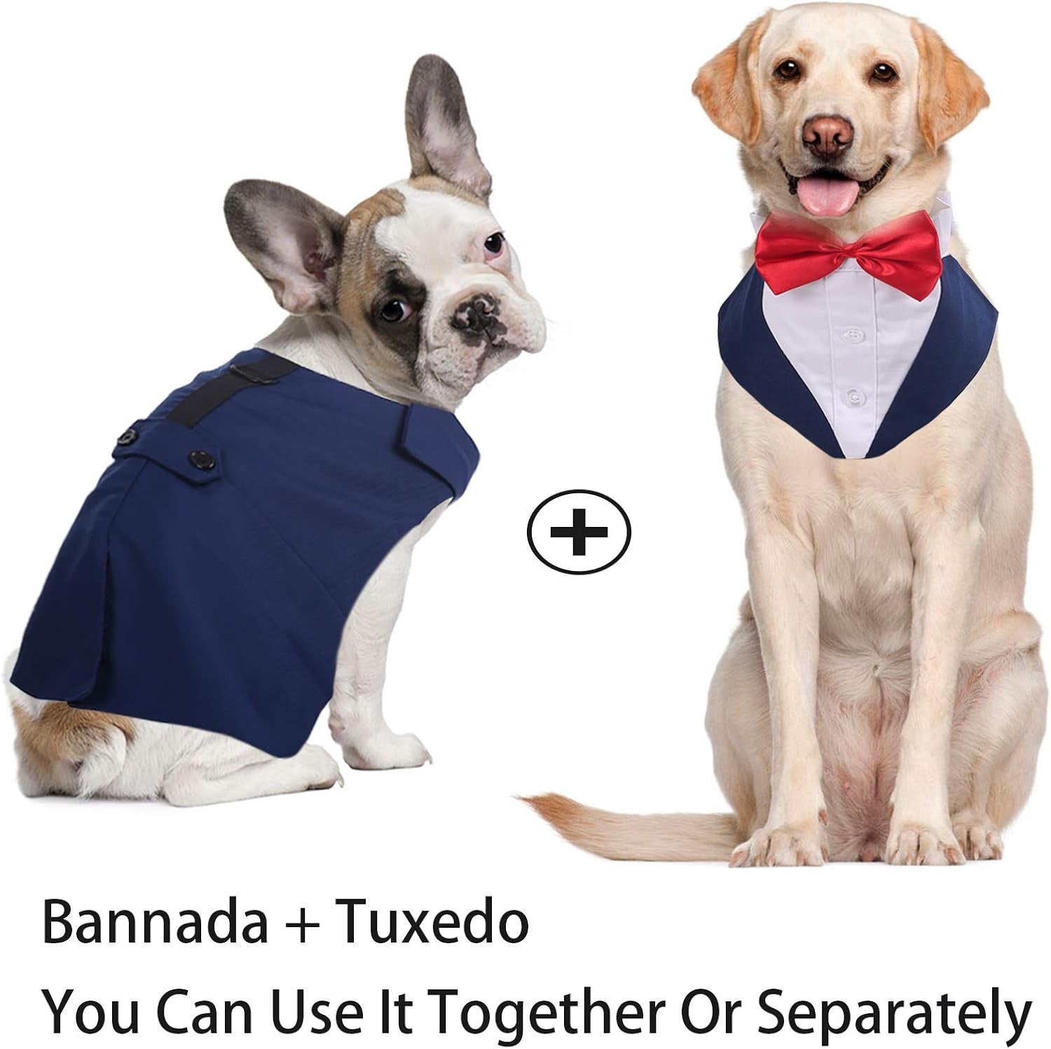 Dog Tuxedo for Small Medium Large Doggie, Detachable Dog Formal Wedding Suit with Tuxedo Vest & Bow Ties Collar & Bandana Scarf Set, Wedding Attire Shirt for Birthday Party Costume