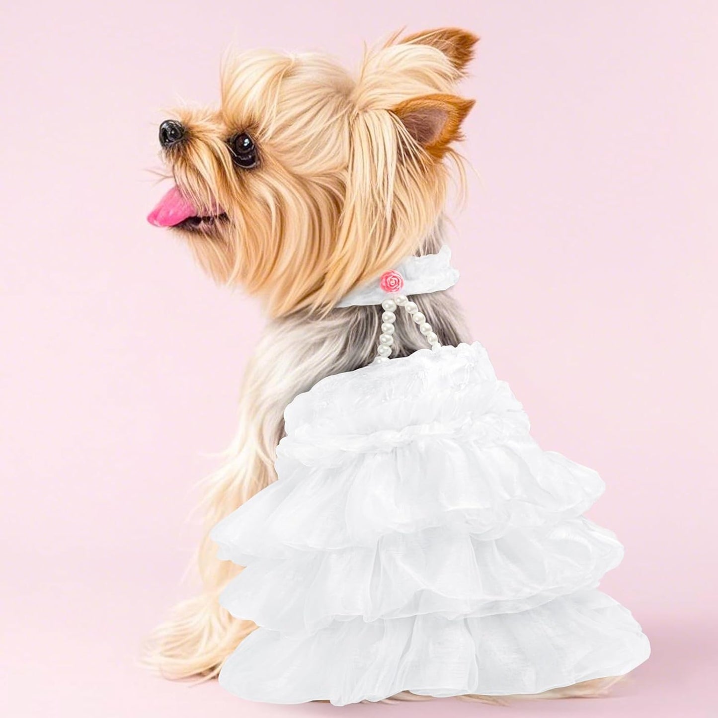 Dog Wedding Dress Bride Outfit with Pearl Necklace and Rose Pet Princess Dress Apparel for Puppy Dog Cat (Small)