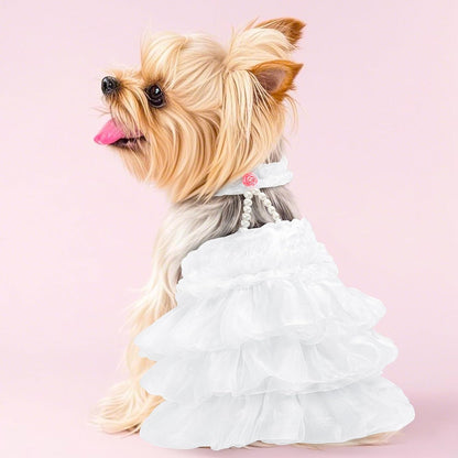 Dog Wedding Dress Bride Outfit with Pearl Necklace and Rose Pet Princess Dress Apparel for Puppy Dog Cat (Small)